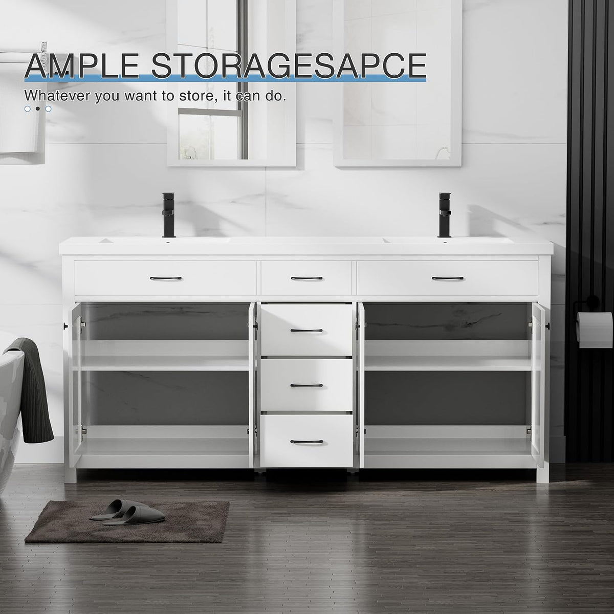 White painted MDF vanity with open doors revealing internal partition shelves and central drawers, straight-on view