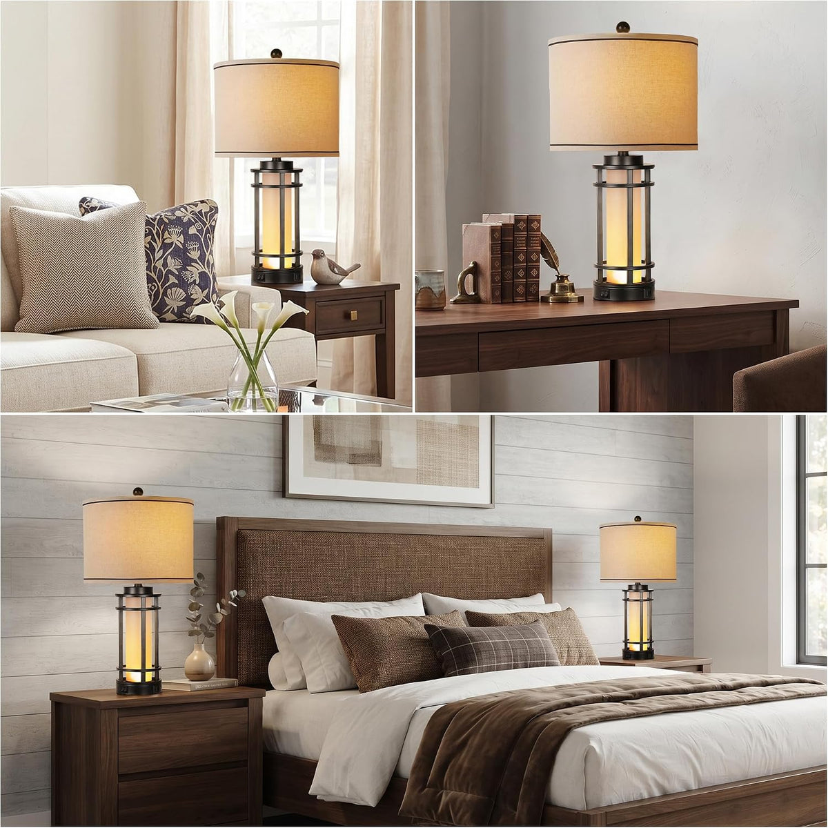 Three-panel collage: lamp beside a sofa, lamp on a desk, and a pair of lamps on bedroom nightstands