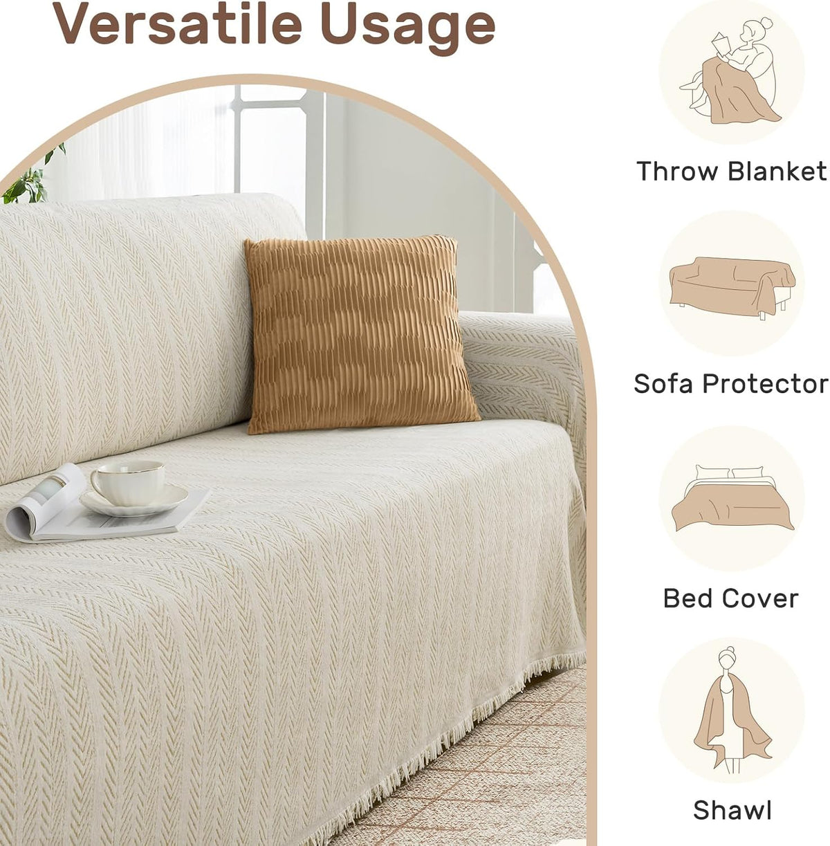 Corner view of sectional slipcover used as a sofa protector and shawl in cream herringbone pattern