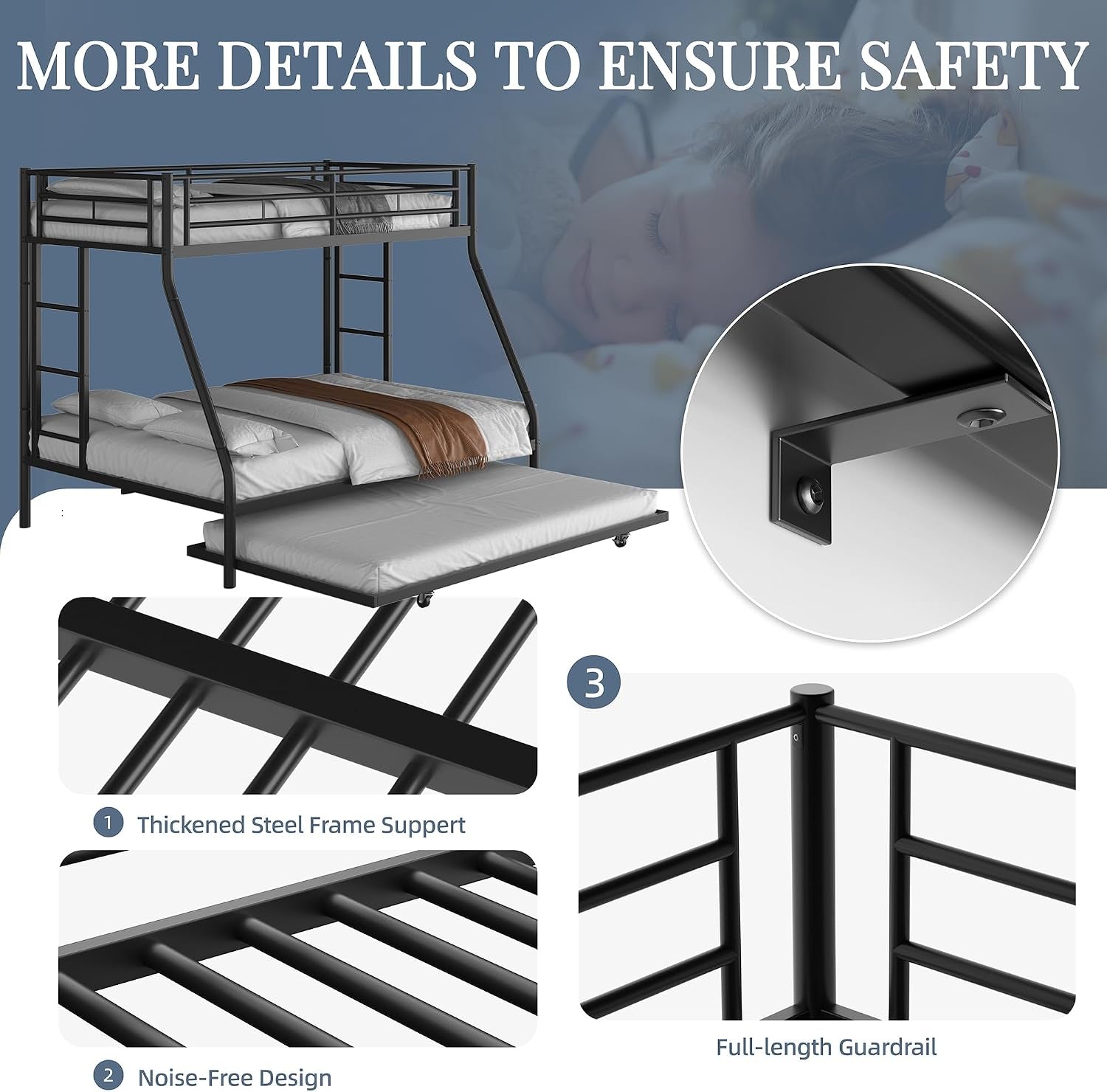 Black bed close-ups showing slatted steel frame, corner guardrail, and mattress support slats.