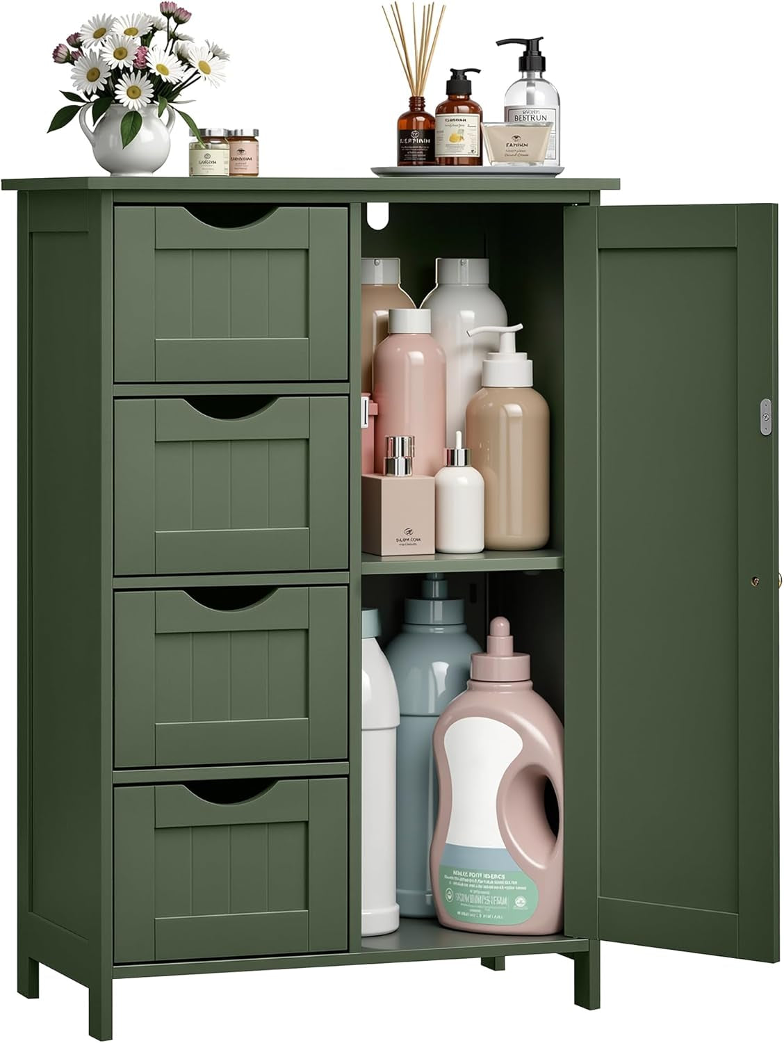 Forest green cabinet with one door open revealing two shelves and four stacked pull-out drawers at left