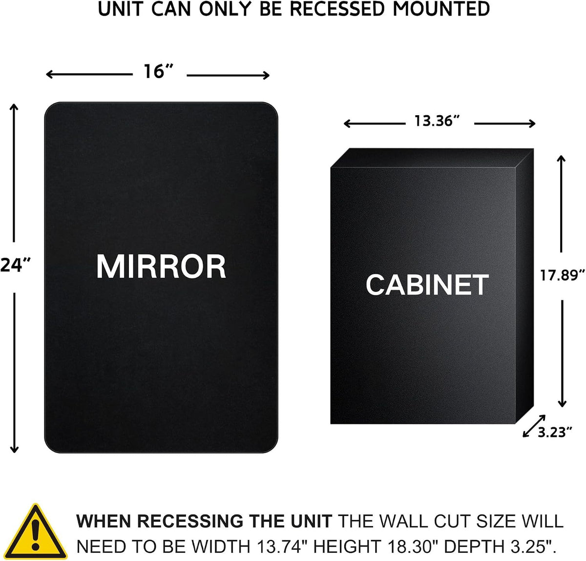 Dimension diagram for 16x24 inch mirror showing cabinet box 13.36 x 17.89 x 3.23 inches and required wall cutout dimensions