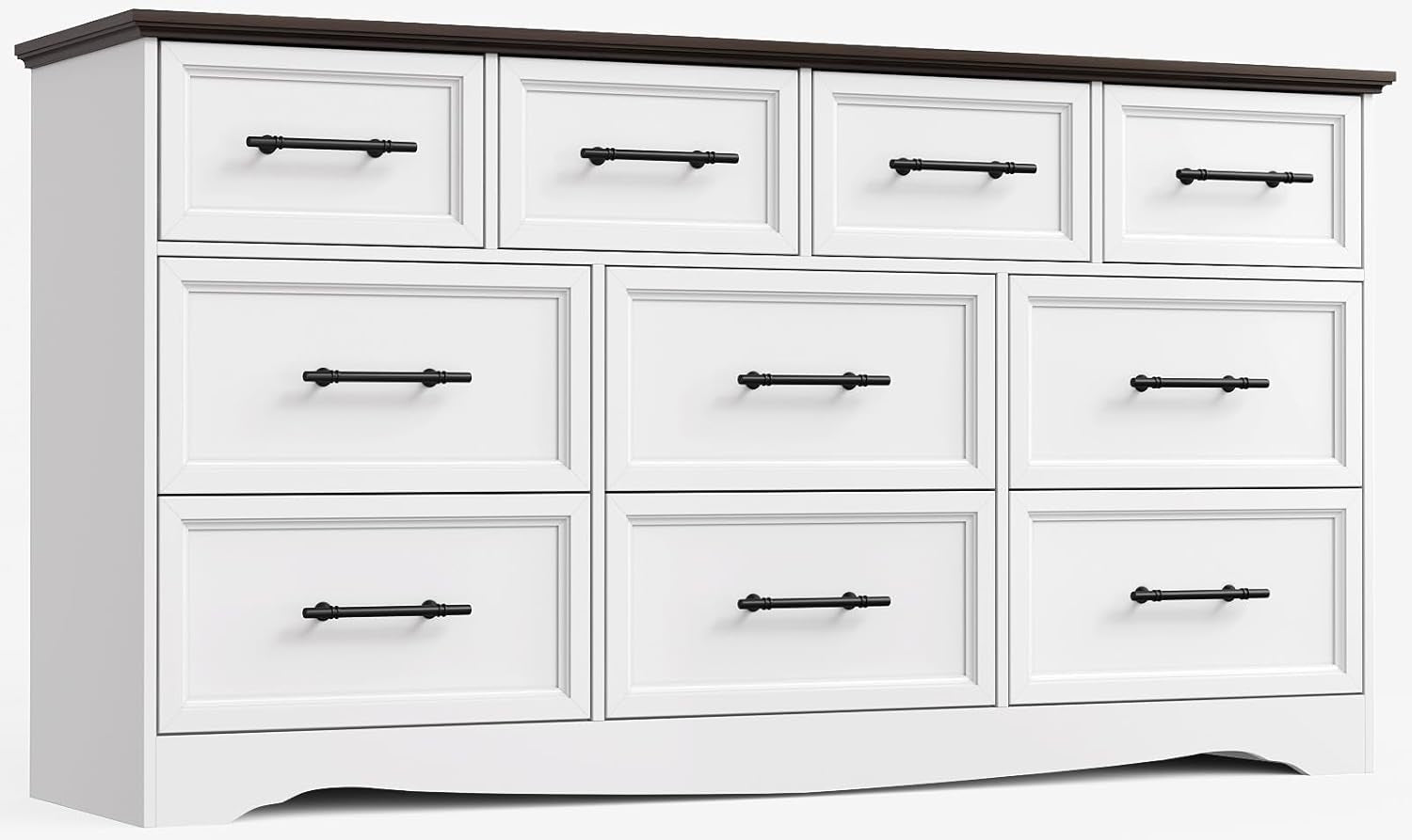 White nine-drawer dresser with dark wood top and black metal pulls on a plain background.