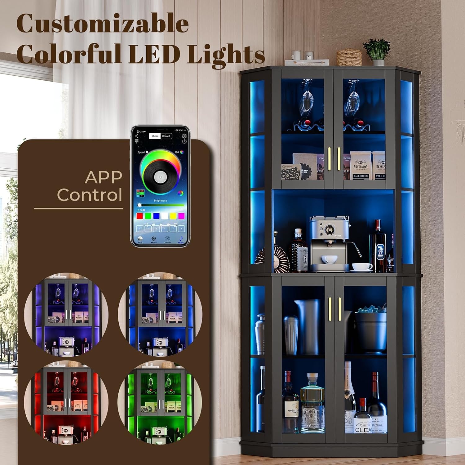 Black corner bar cabinet showing RGB LED color options and a smartphone app color-control interface