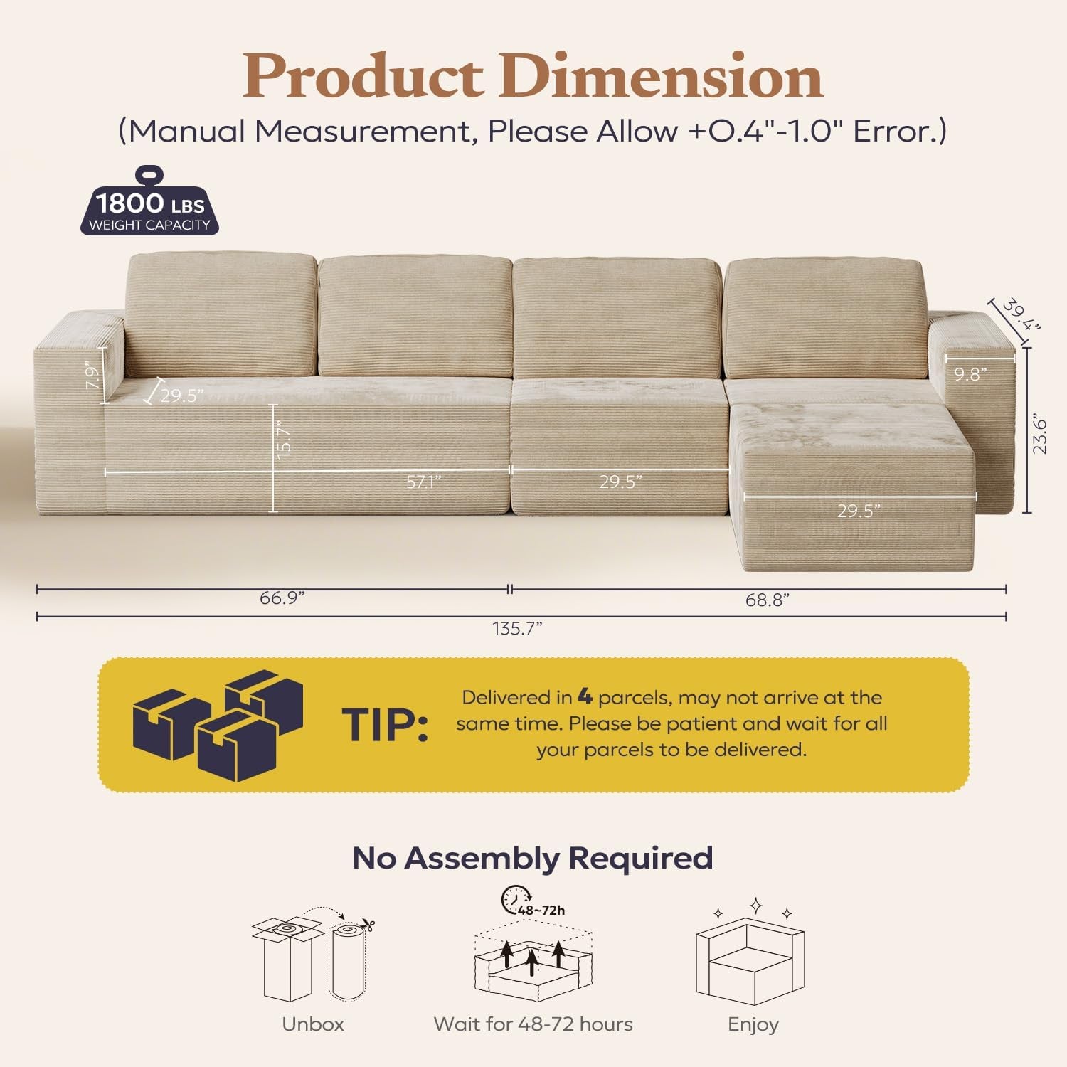 Front-facing diagram of the sofa with measurement lines and a packaging tip graphic beneath