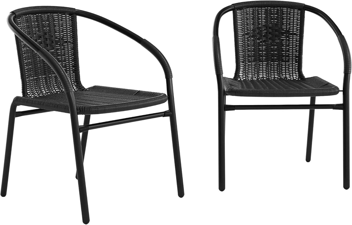 Two black rattan bistro chairs with black frames, one front and one angled, isolated on white background.