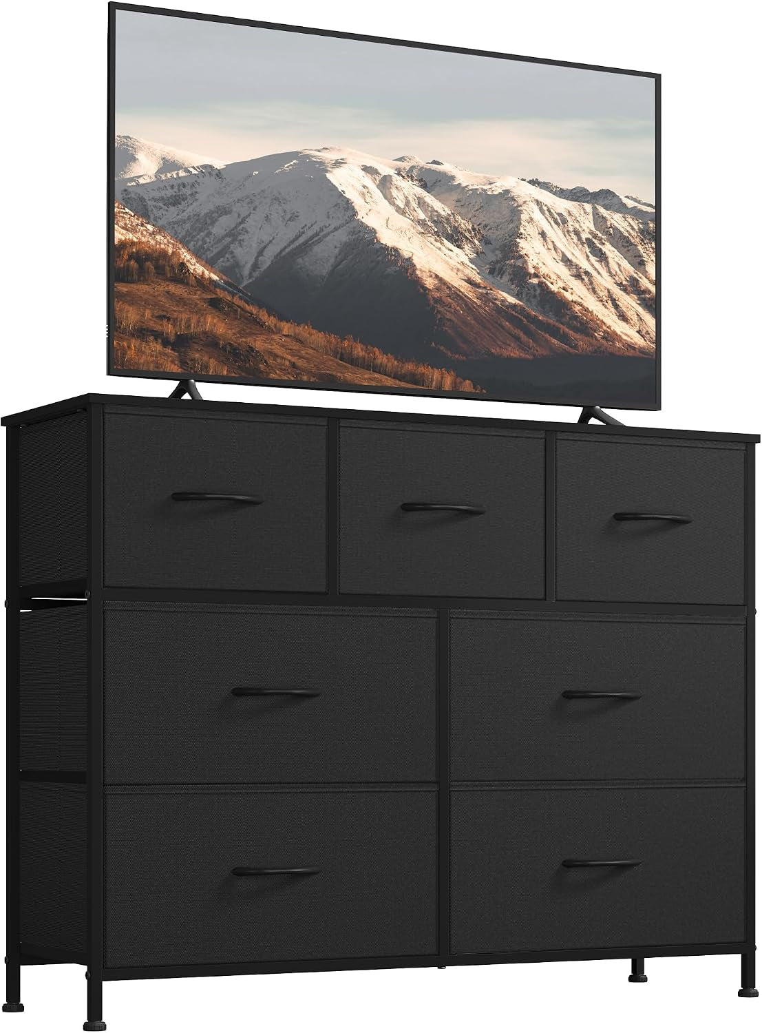 Front view of a black-framed 7-drawer dresser with black fabric drawers and a flat-screen TV on the wood-look top