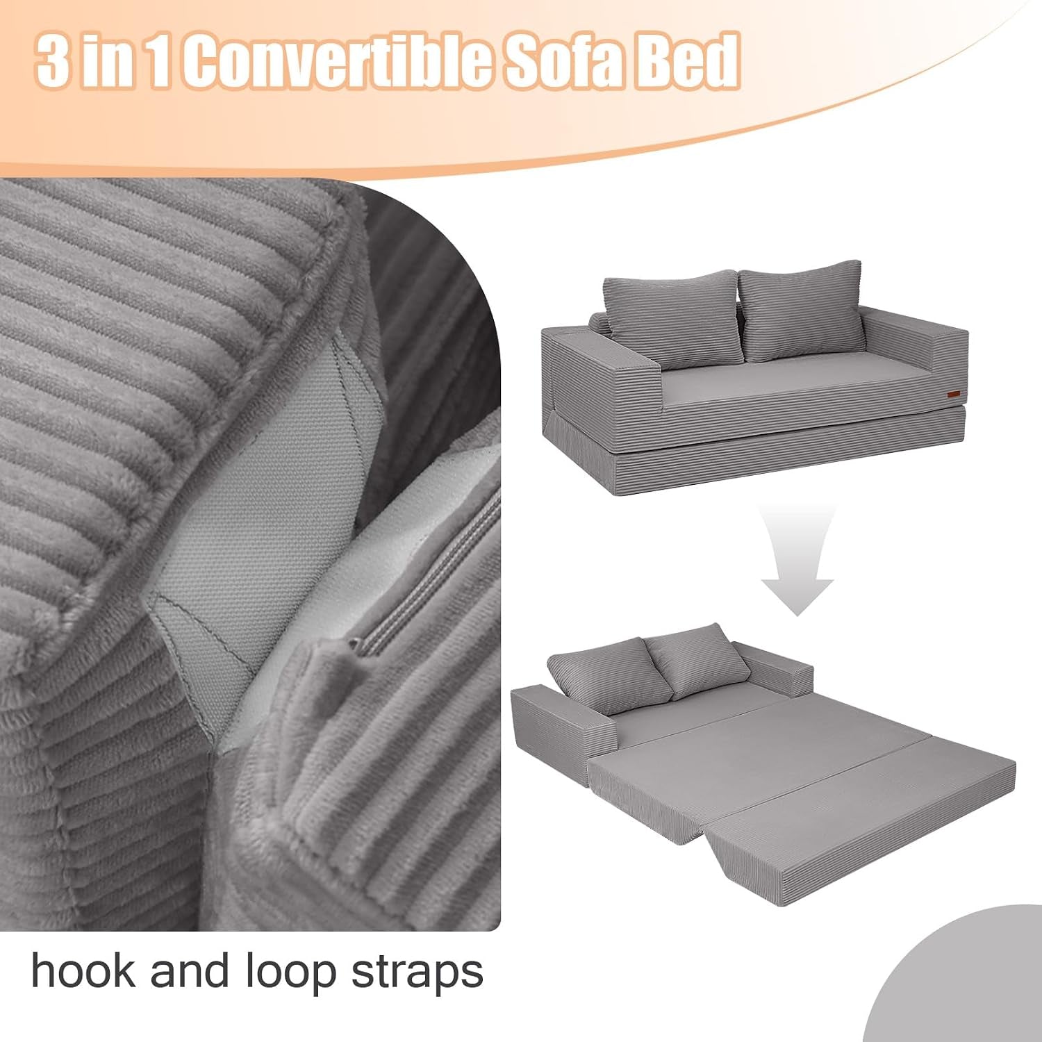 Split image: close-up of gray corded fabric zipper/strap detail and gray sofa folding into a flat bed