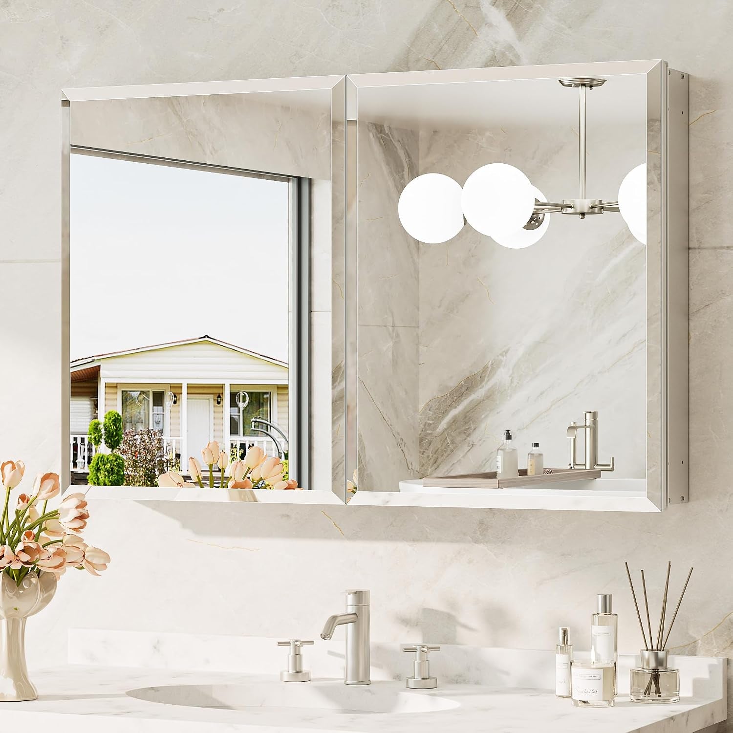 Front view of two adjacent mirrored cabinet doors above a sink, left mirror reflecting a house, right reflecting globe lights