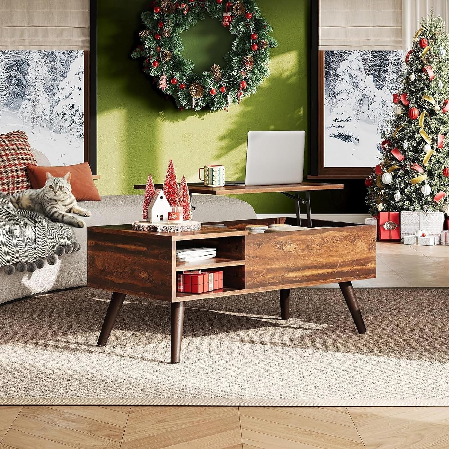 Rustic brown lift-top coffee table in a living room setting with laptop on raised top and open storage beside sofa