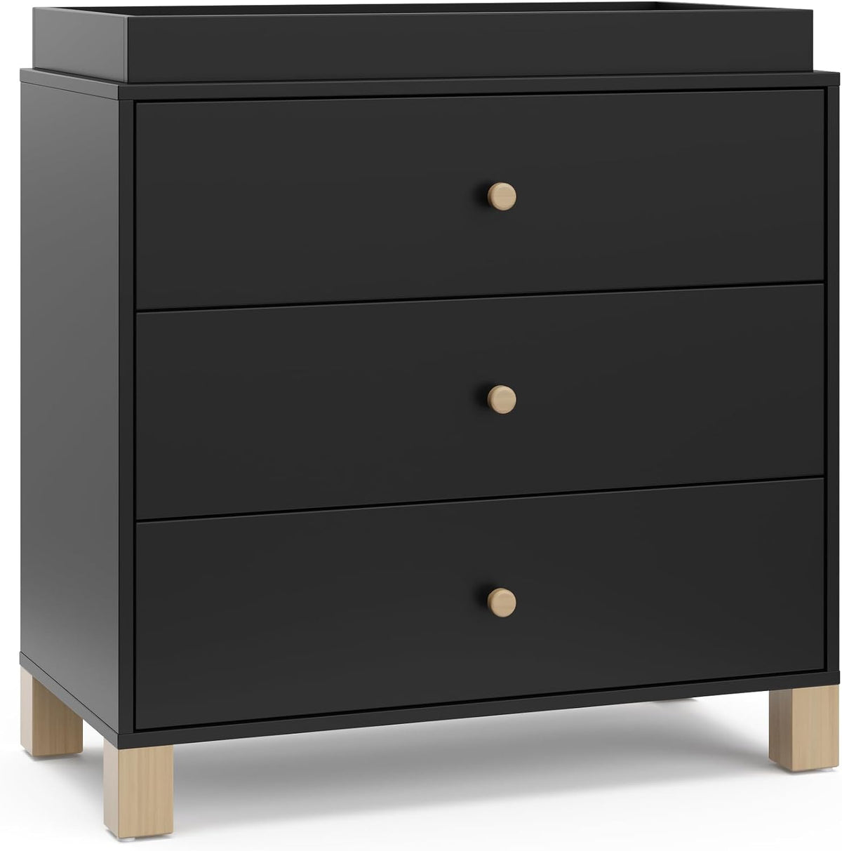 Three-drawer chest in matte black with round light-wood knobs and square wood legs.