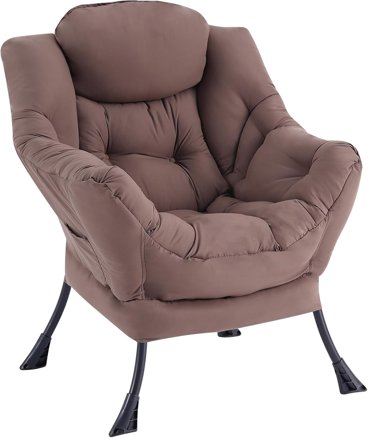 Taupe/tan tufted lounge chair with padded arms and black metal legs shown alone on white background.