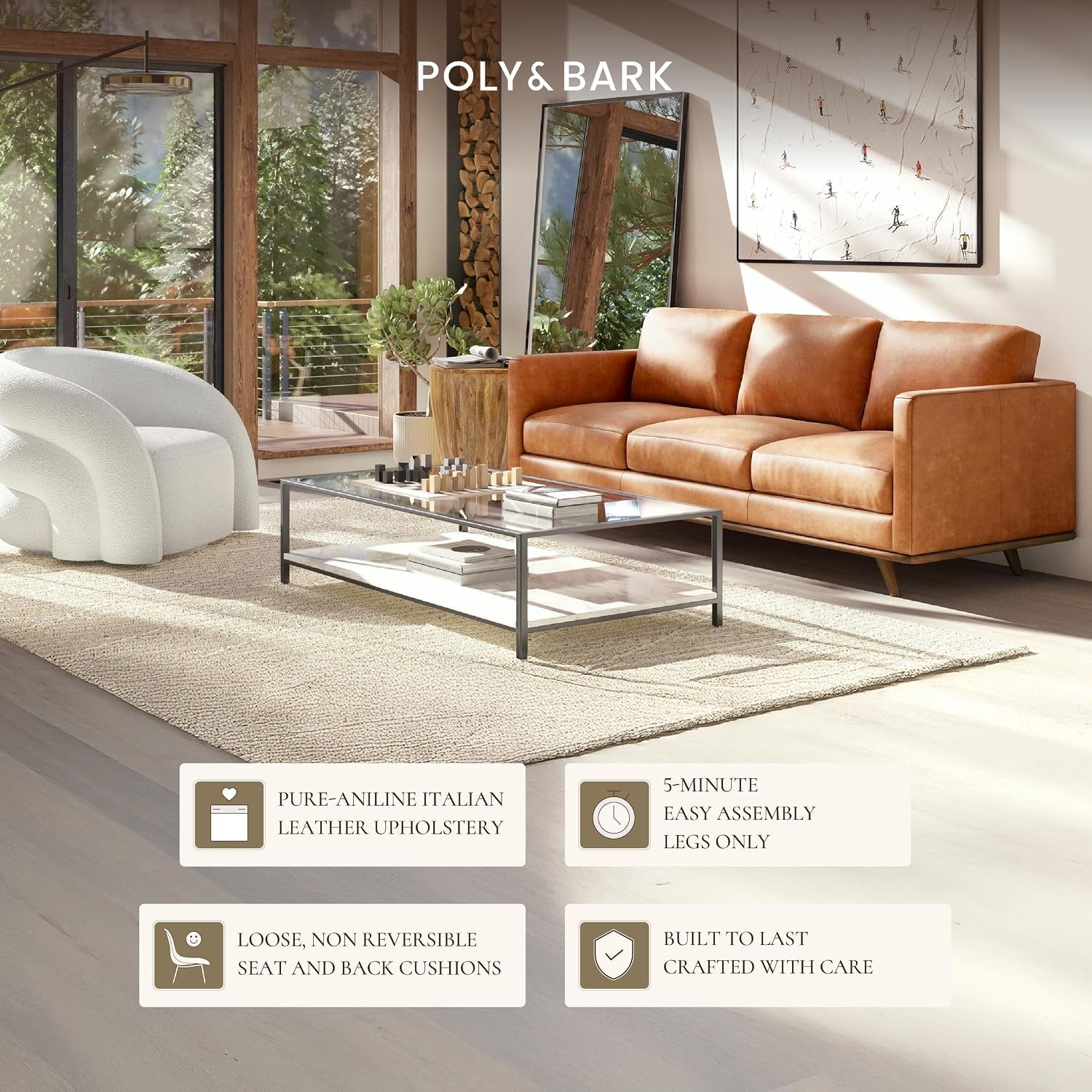 POLY & BARK Nolita 85” Leather Sofa – Full-Grain Italian Aniline Leather, Feather-Down Comfort, Solid Wood Base – Cognac Tan
