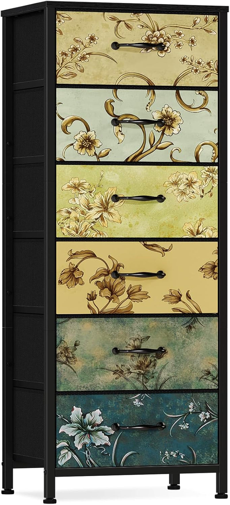 Tall six-drawer fabric storage tower with black metal frame and floral-printed drawer fronts