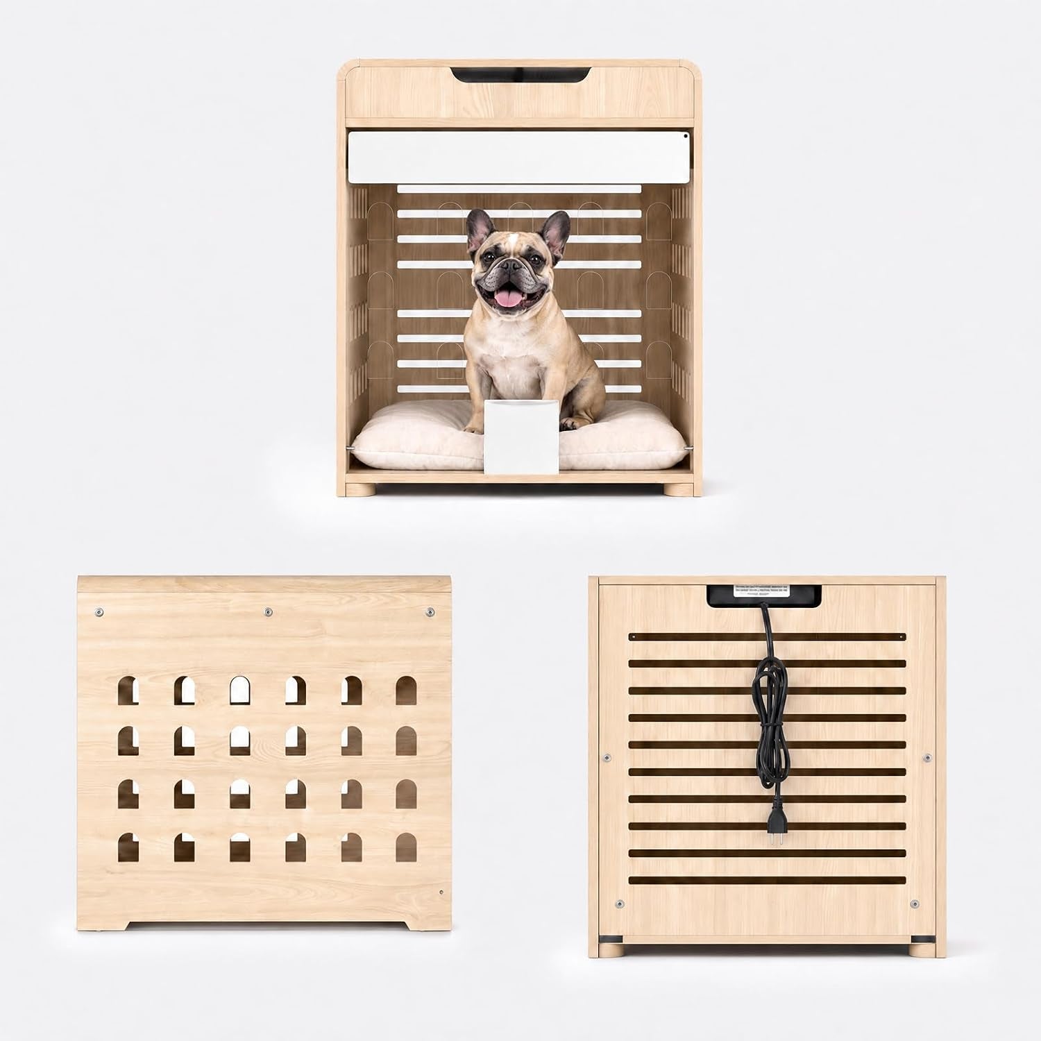 Three studio views: front with sitting dog, side panel with arched cutouts, back view with power cord coiled.