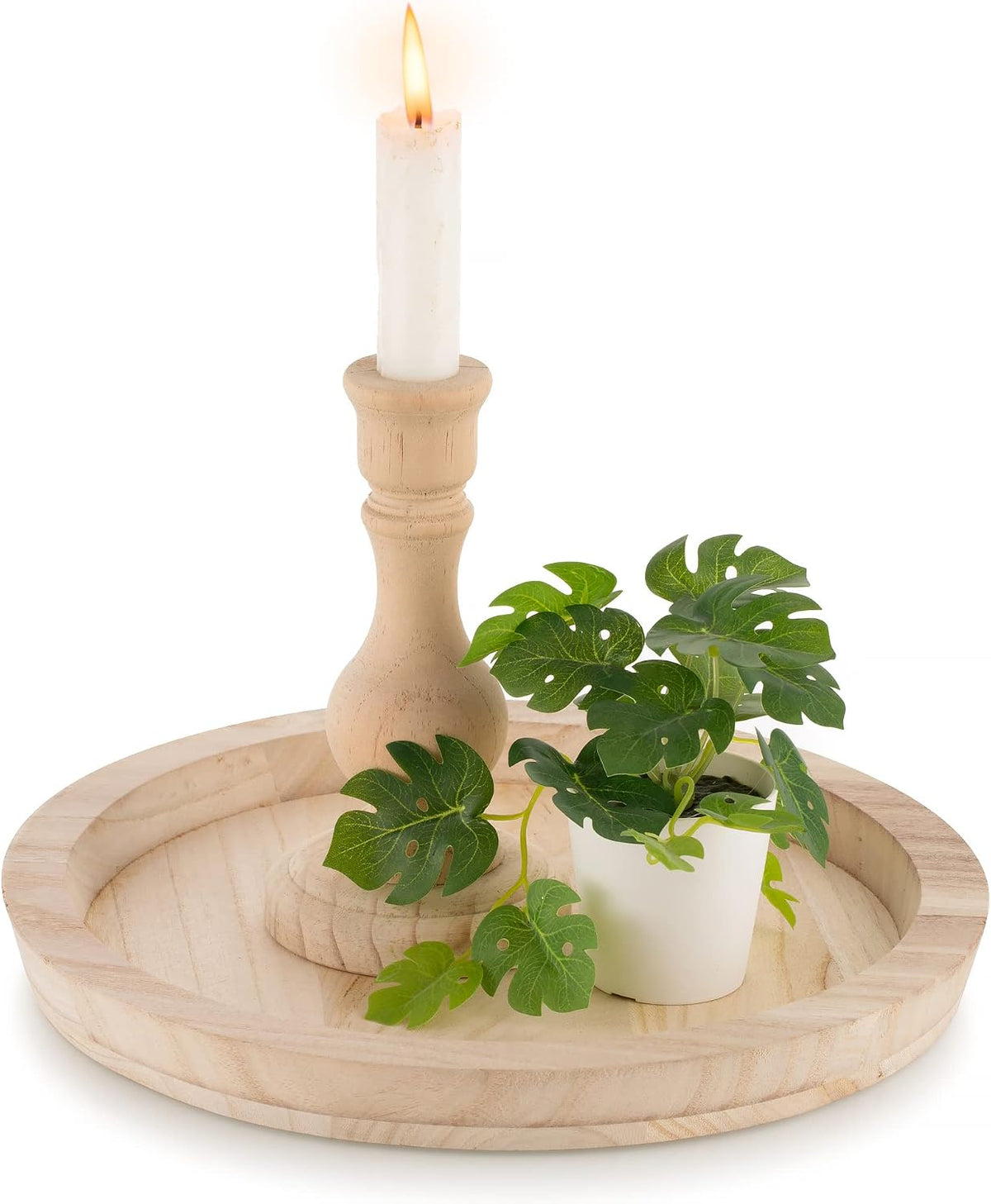 Natural unfinished wood tray featuring a wooden candlestick and a small potted faux plant.
