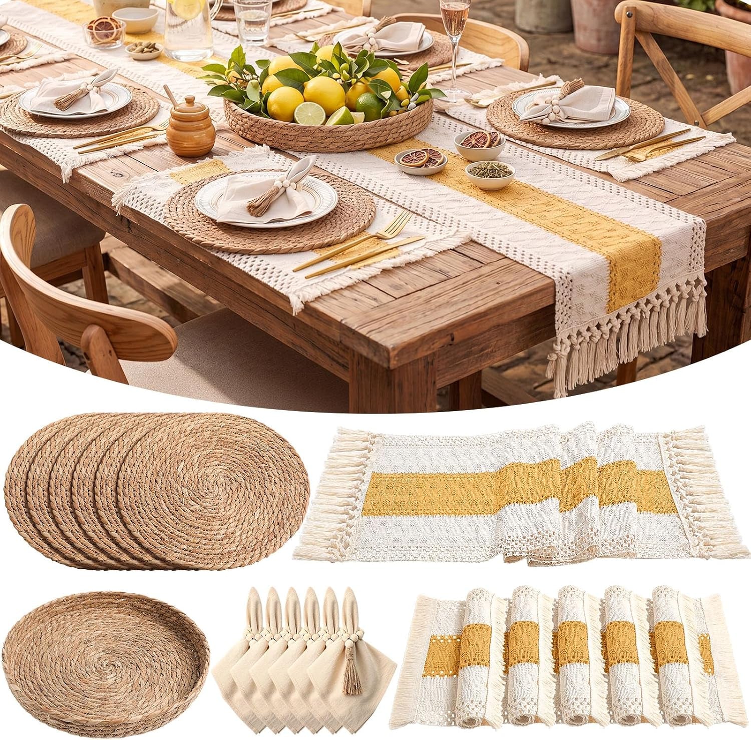 Rustic wooden table styled outdoors with runner, placemats, napkins and centerpiece plus separate product pieces below