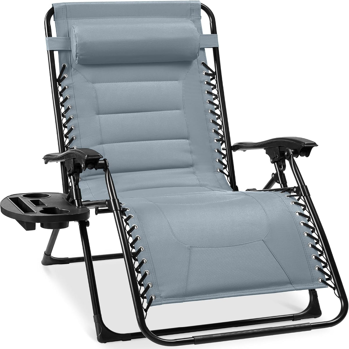 Light gray padded zero-gravity recliner with black frame, headrest cushion and detachable side tray.