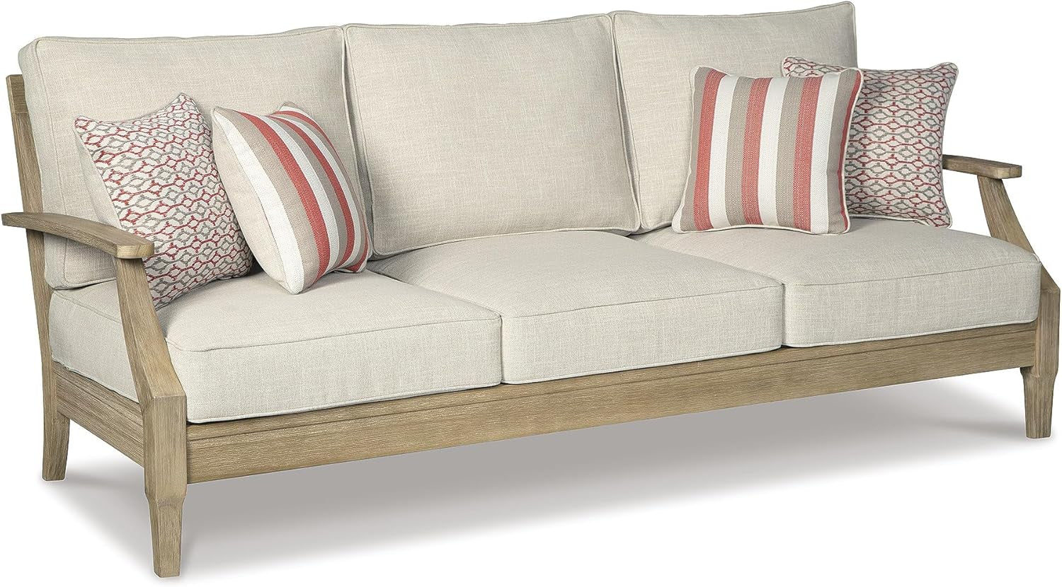 Angled front view of beige three-seat outdoor sofa showing eucalyptus frame and three seat cushions