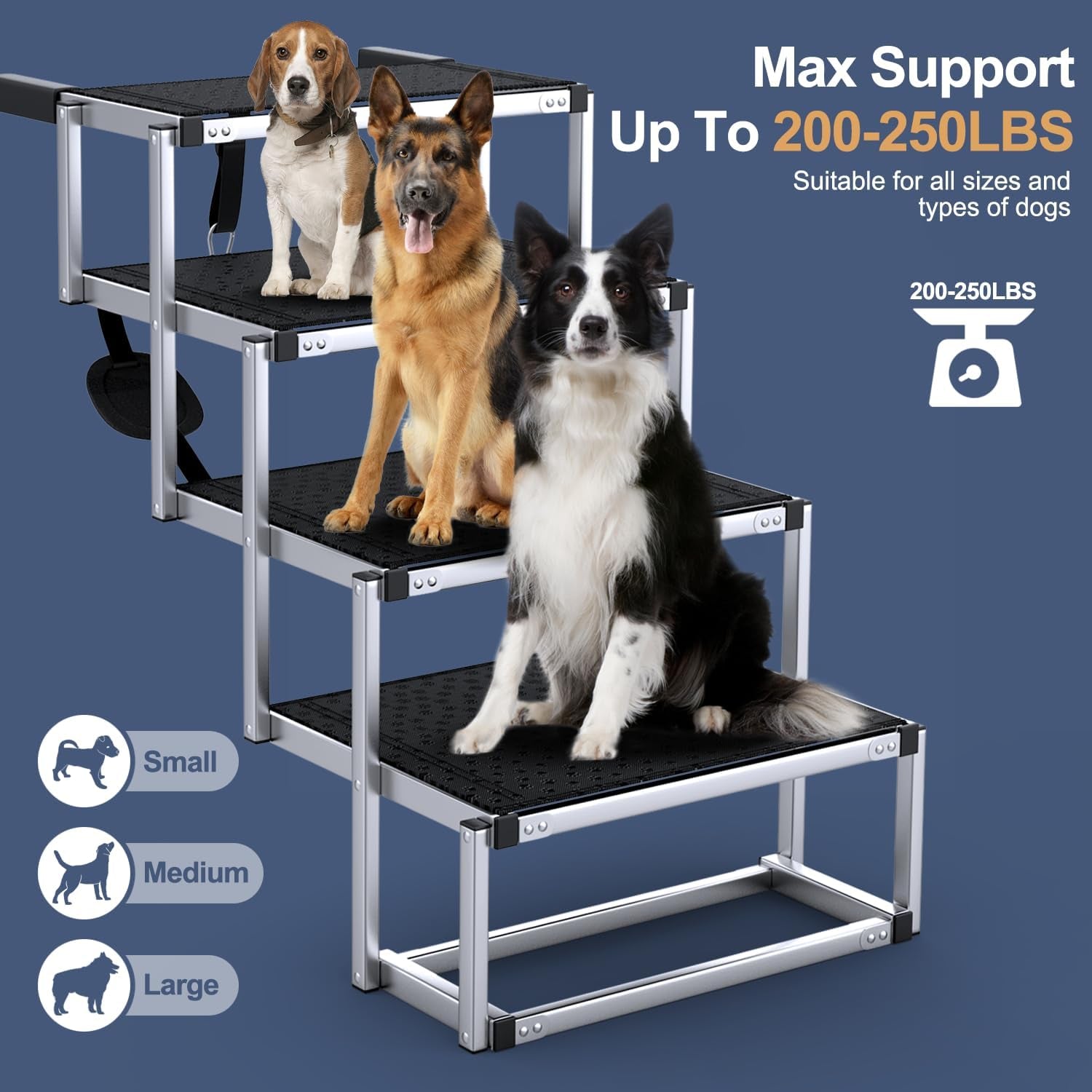 Foldable aluminum 4-step dog stairs with three dogs standing on black paw-print treads in a studio-style promotional layout