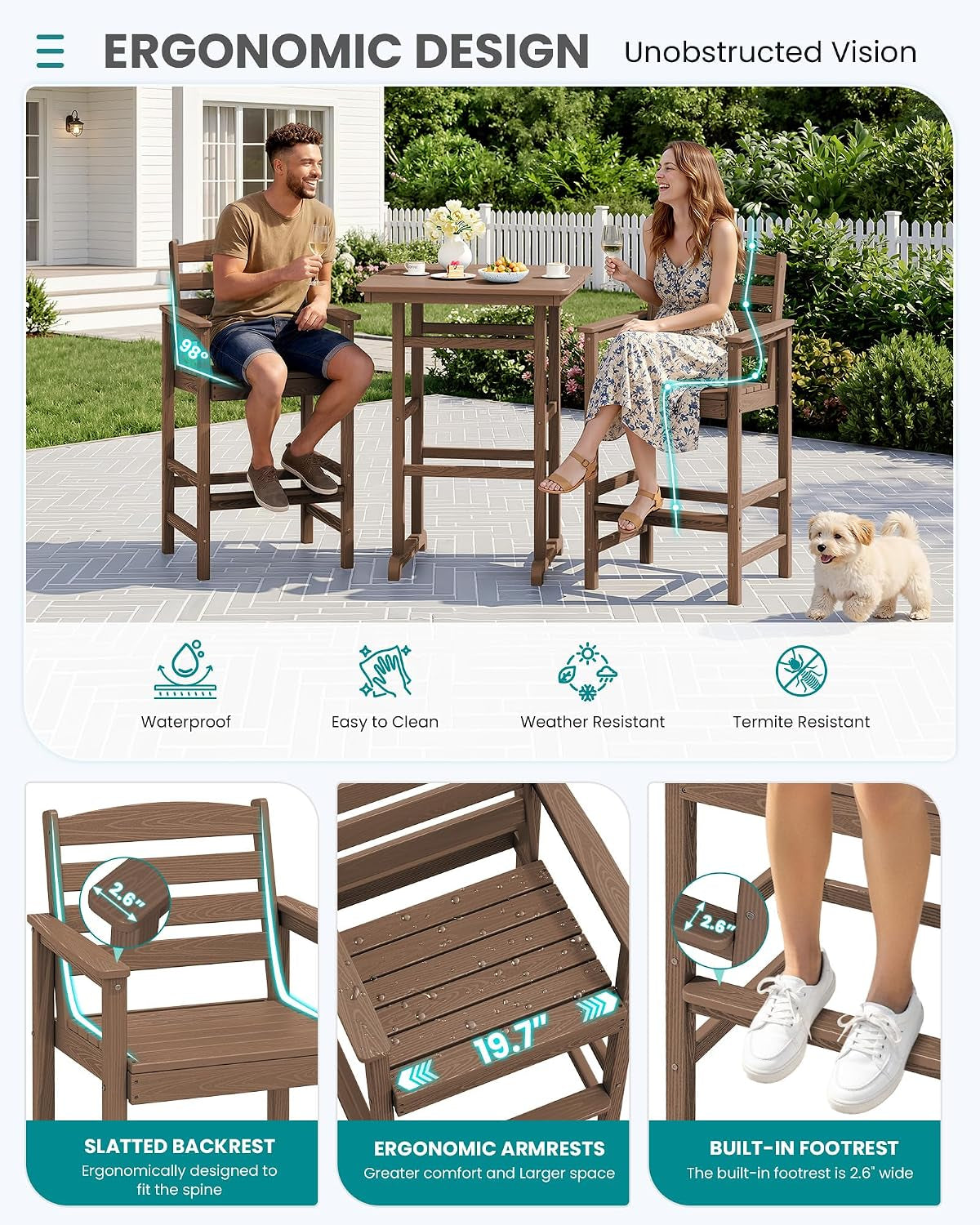 Outdoor scene with two people seated on bar chairs and close-ups of slatted backrest, armrests, and built-in footrest