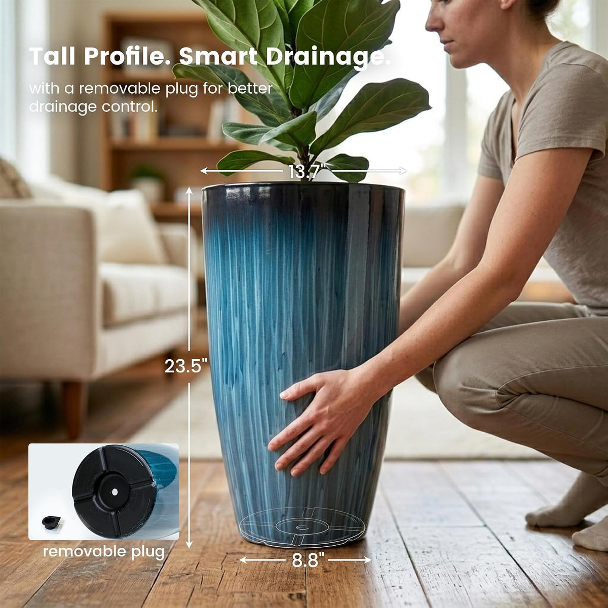 Tall blue gradient planter shown with overlayed measurements and removable drainage plug, 23.5" height