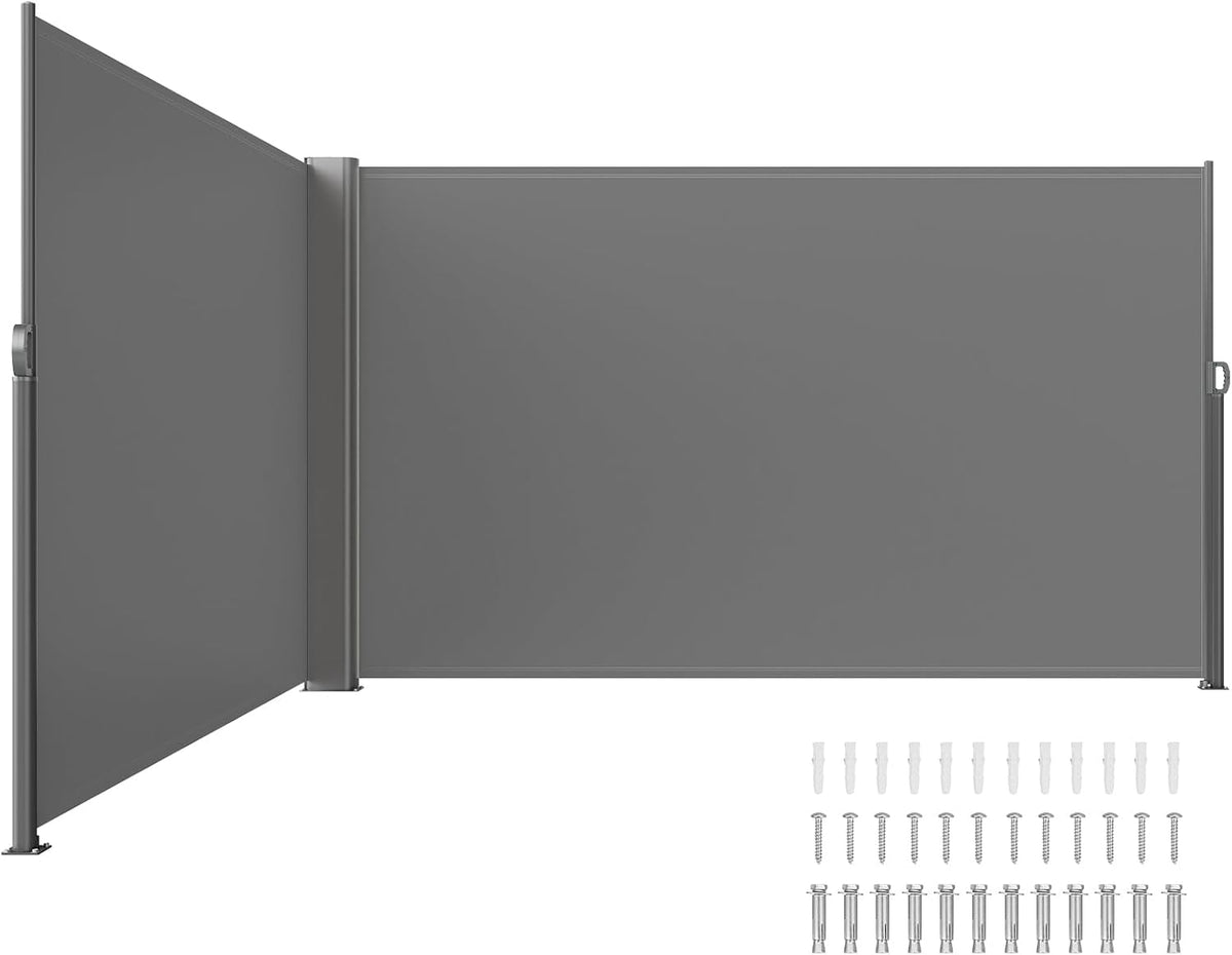 L-shaped dark gray side awning extended with mounting posts and a row of anchors and screws at the bottom right