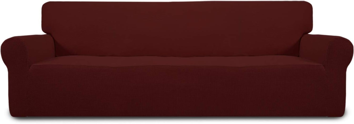 Full front view of a three-seat sofa covered in a deep burgundy textured slipcover.