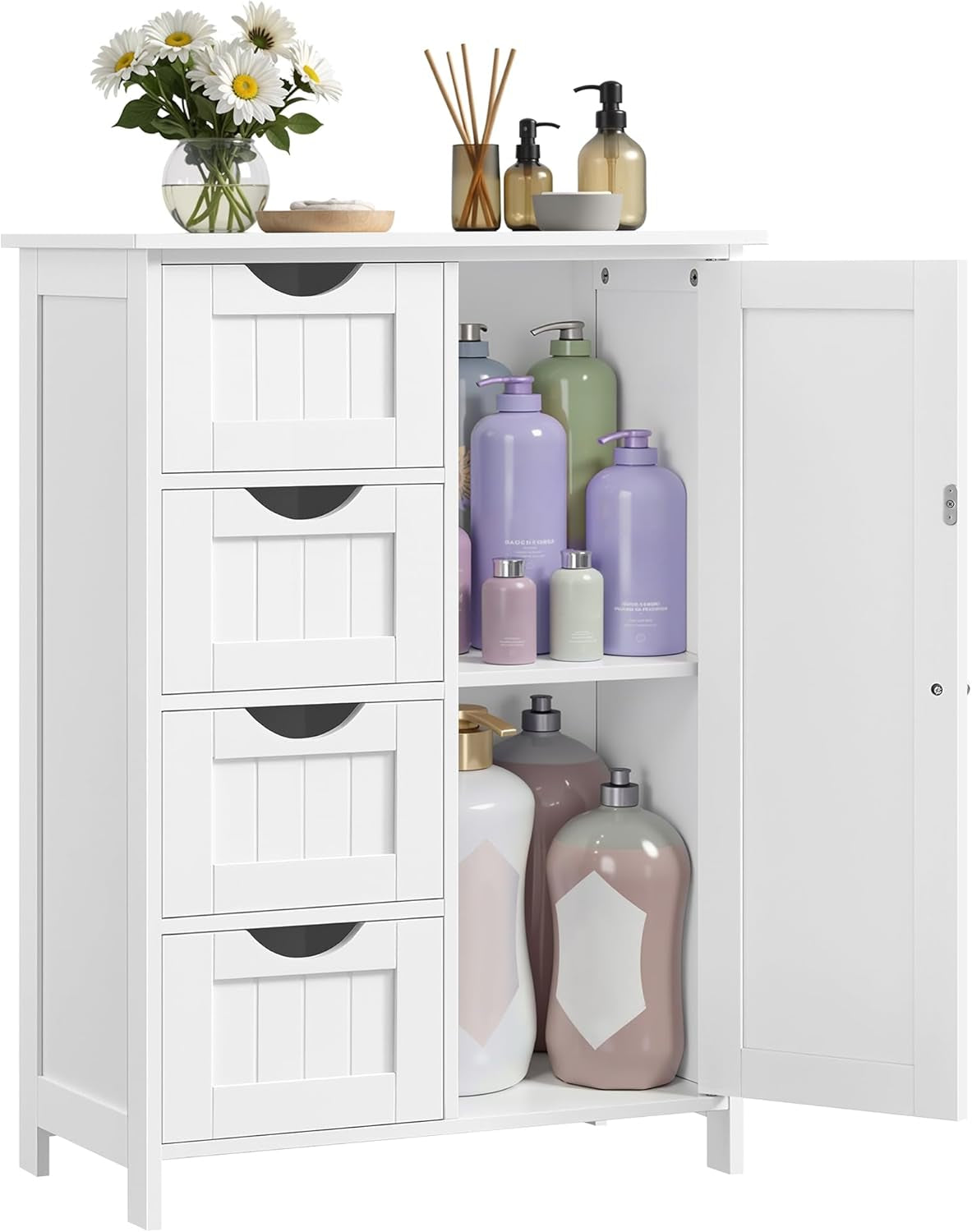 White freestanding storage cabinet with four left drawers and an open right door showing two interior shelves with bottles.
