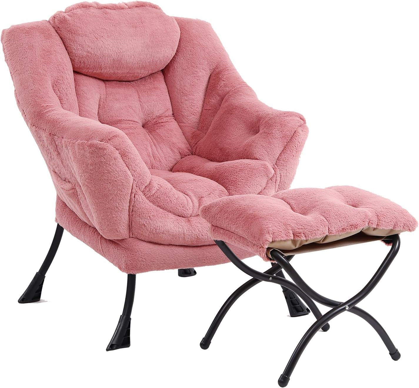 Pink soft-fabric lounge chair with matching cushioned ottoman and cross-legged metal base