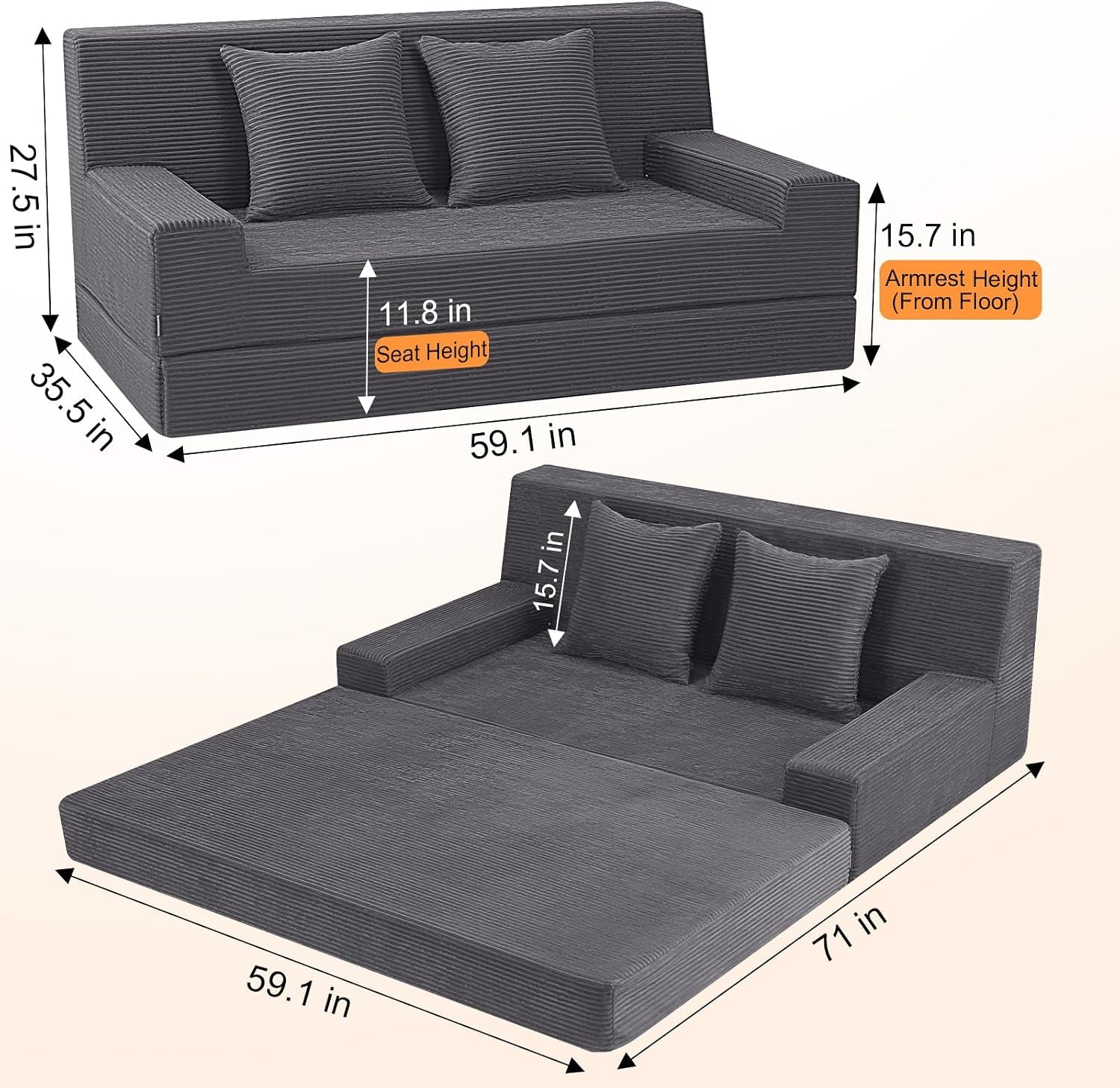 Dark grey futon shown flat as a 59 x 71 in bed with dimension overlays