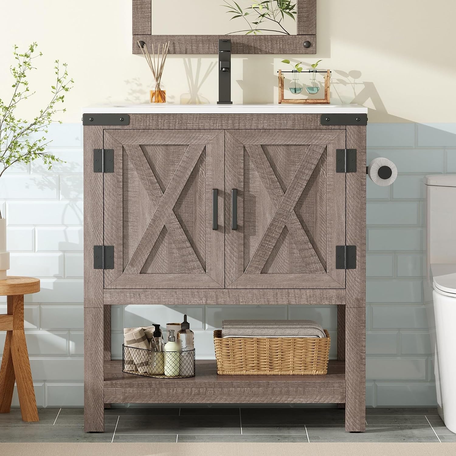 AMERLIFE 48" White Farmhouse Double Sink Bathroom Vanity, Solid White Top | Antique White, Solid White, gallery view 10