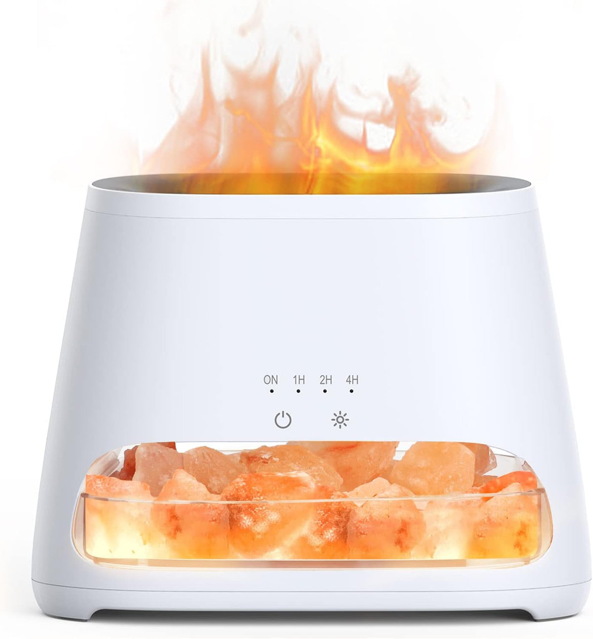 Front close-up of a white diffuser with glowing pink Himalayan salt visible through a front window.