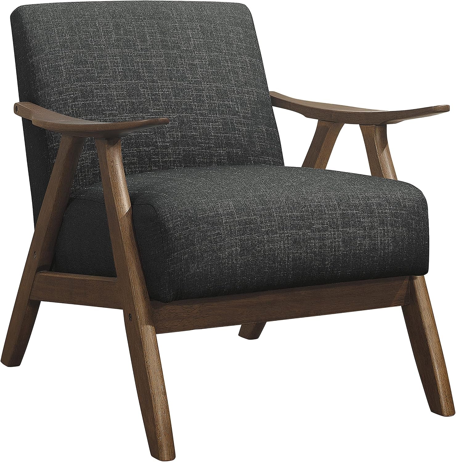 Front three-quarter view of a dark gray upholstered accent chair with a darker walnut wood frame