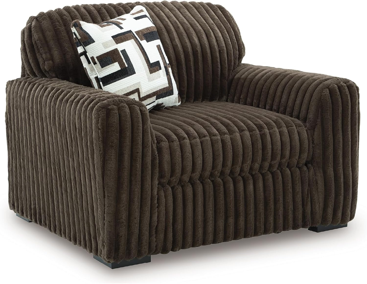Brown corduroy single-seat armchair front-right angle with a patterned throw pillow on a white background