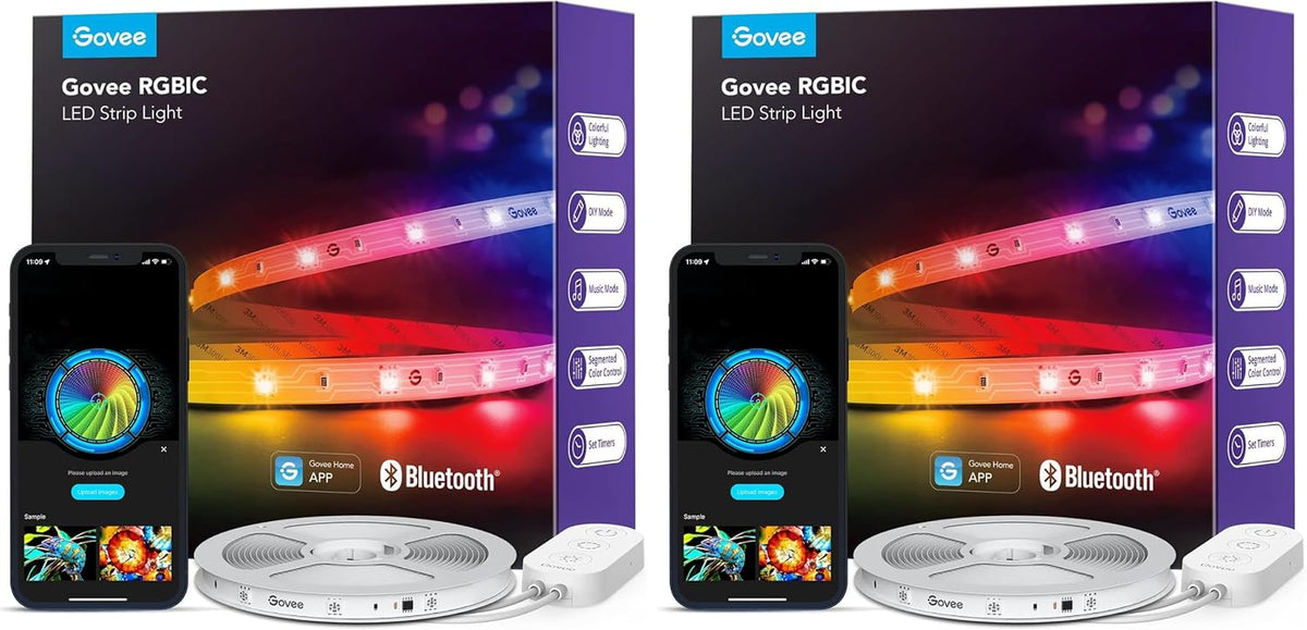 Two boxed LED strip kits shown side-by-side with coiled white LED spools, inline controller and phone app screen