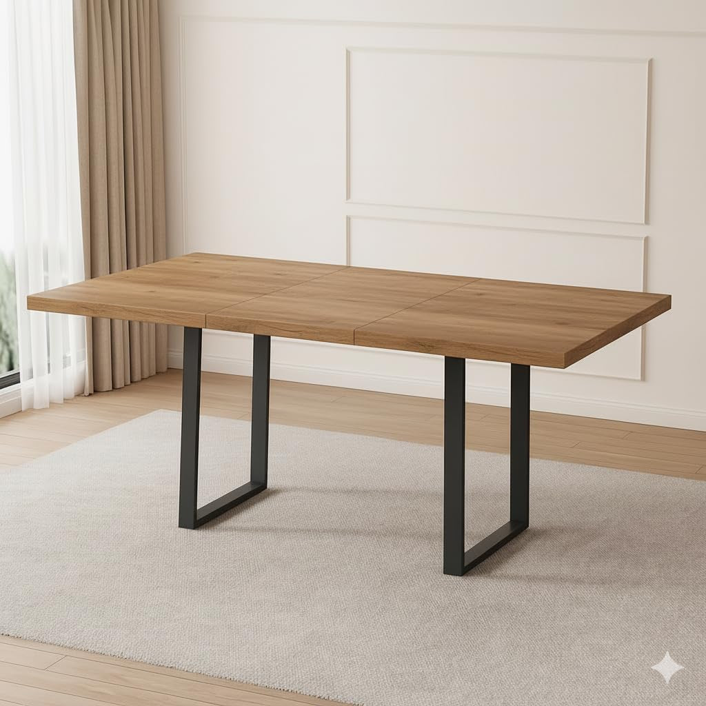 Close side view of the wood tabletop showing its seam and rectangular black metal U-shaped legs on a neutral rug.