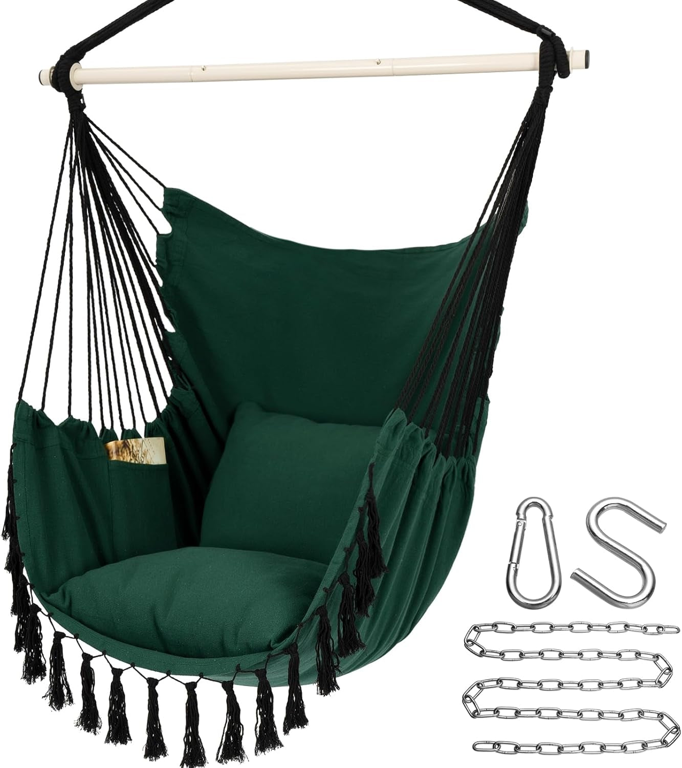 Deep green hanging chair with black ropes, tassel trim, cushion and pocket, shown with chain and hooks