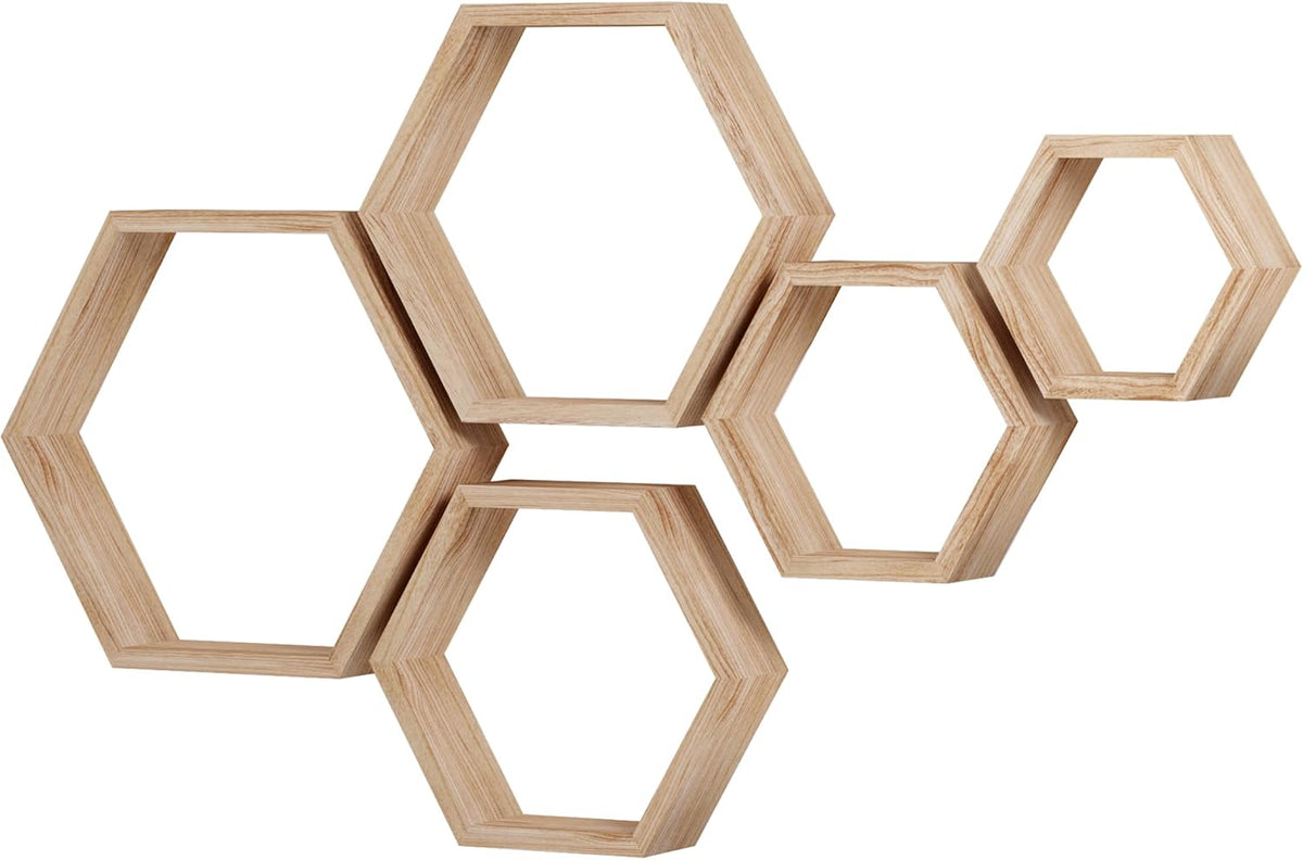 Five interlocking hexagon shelves arranged in a cluster on a white background, light wood finish
