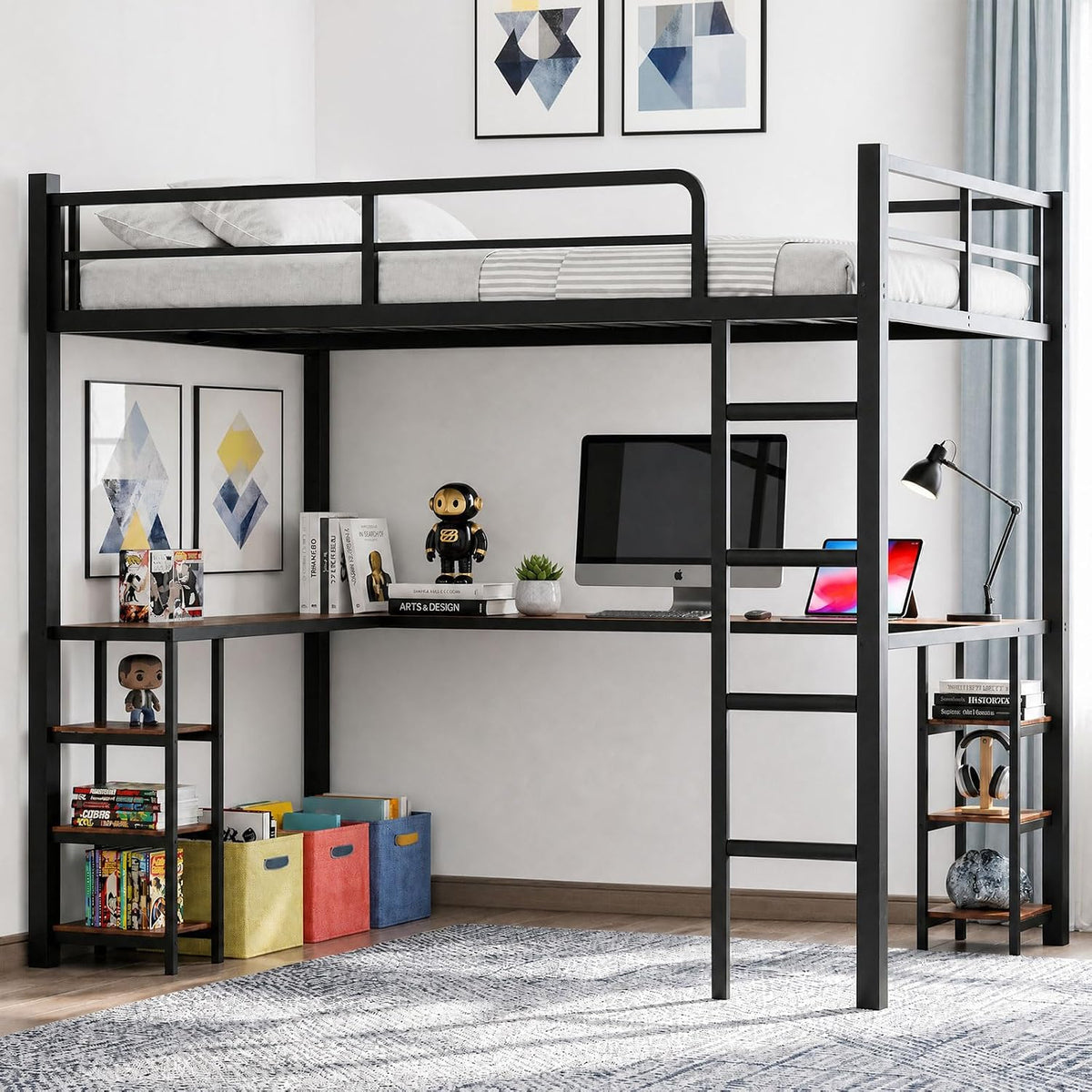 Black metal loft bed with L-shaped wood-finish desk, ladder at front right, shelving on both sides.