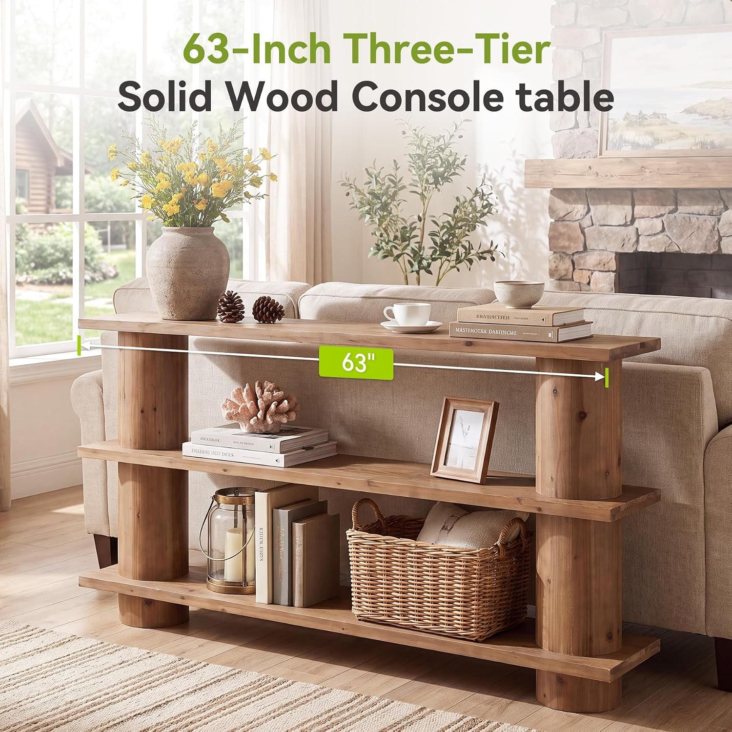 Styled entryway view of the 63-inch three-tier solid wood console table with books, basket and decorative accents