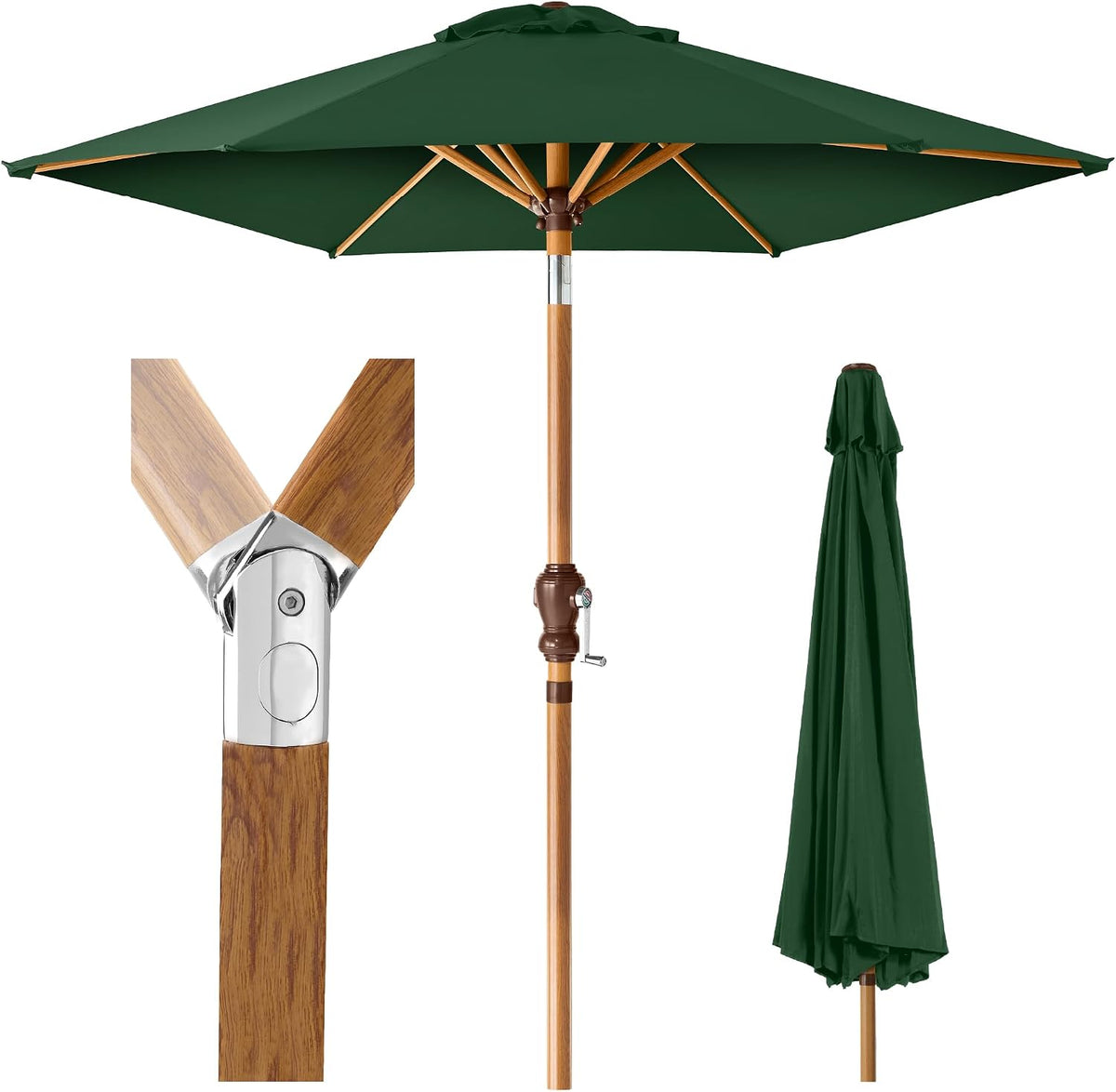 Open forest-green canopy with wood pole, hub close-up and closed umbrella at right.