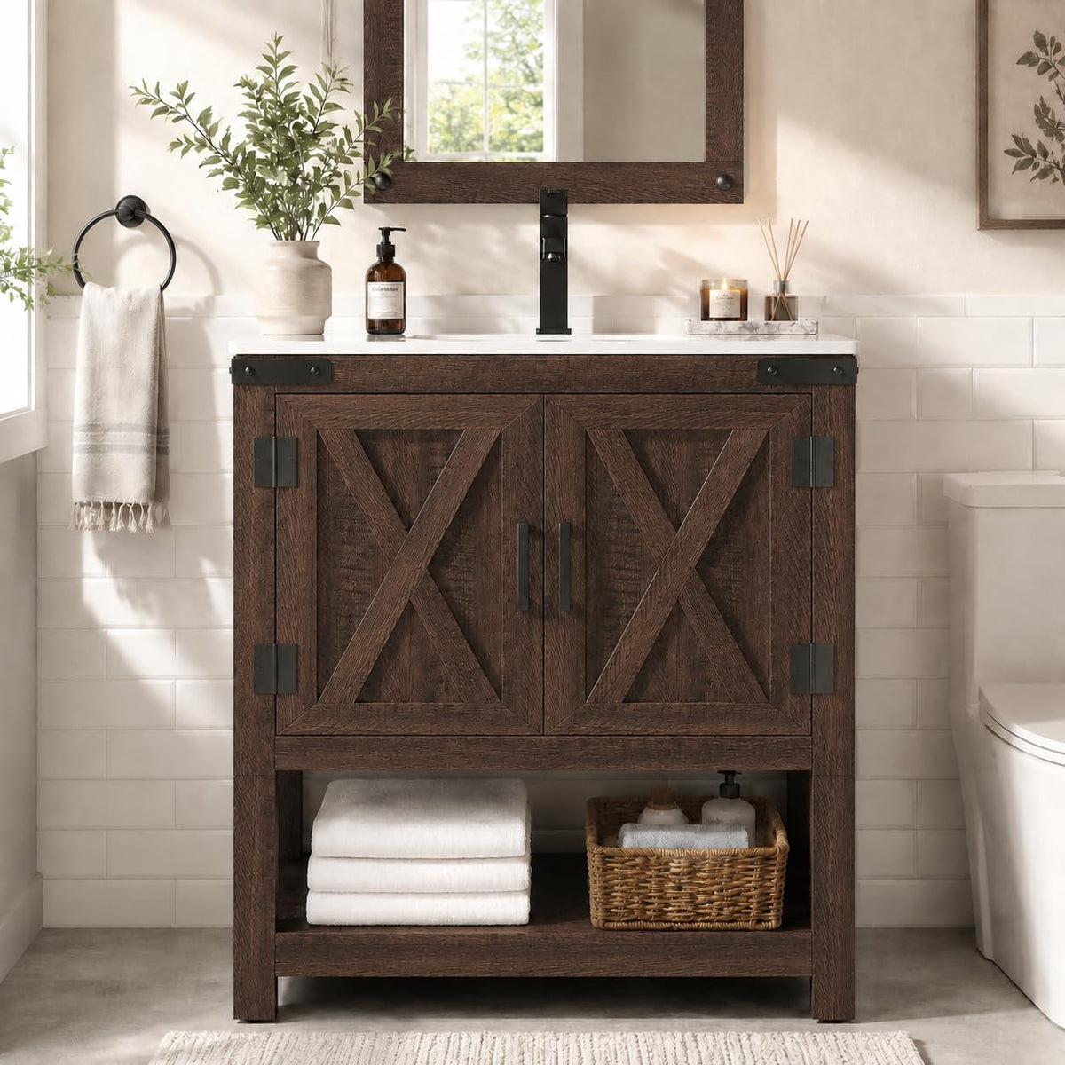 AMERLIFE 48" White Farmhouse Double Sink Bathroom Vanity, Solid White Top | Antique White, Solid White, gallery view 12