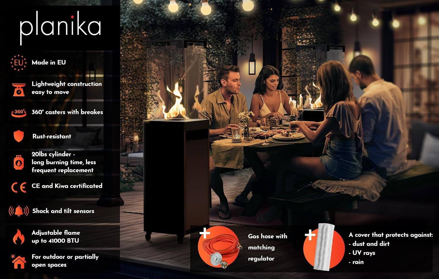 Evening outdoor dining scene with people seated at a table and two lit glass-topped patio heaters providing ambiance.