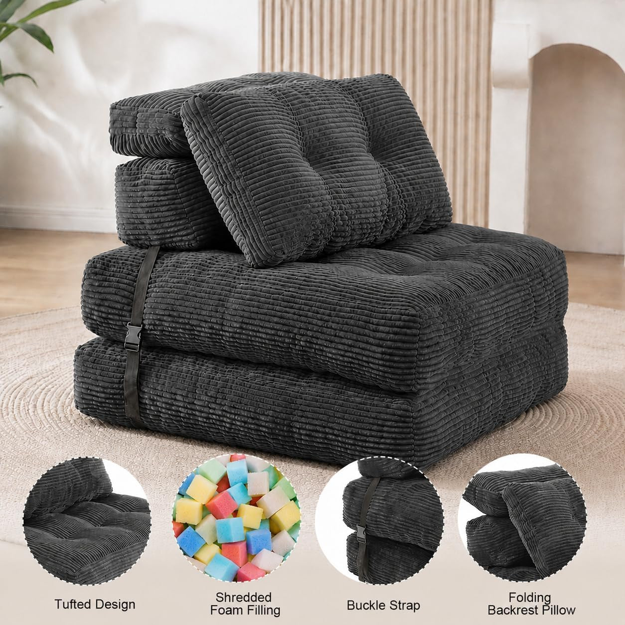 Folded dark grey corduroy floor sofa displayed with close-up callouts for tufting, shredded foam, buckle strap and backrest