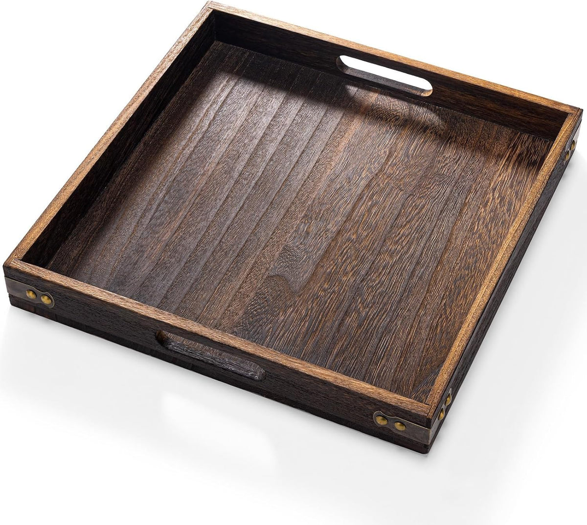 Dark brown square wooden serving tray angled top view showing cutout handle and brass rivet details at the corner