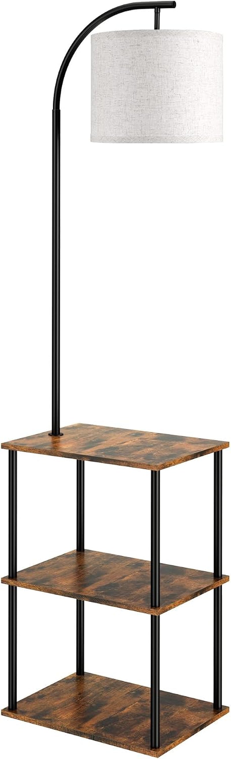 Studio product shot of the three-tier table lamp with wood-look shelves and black metal pole.