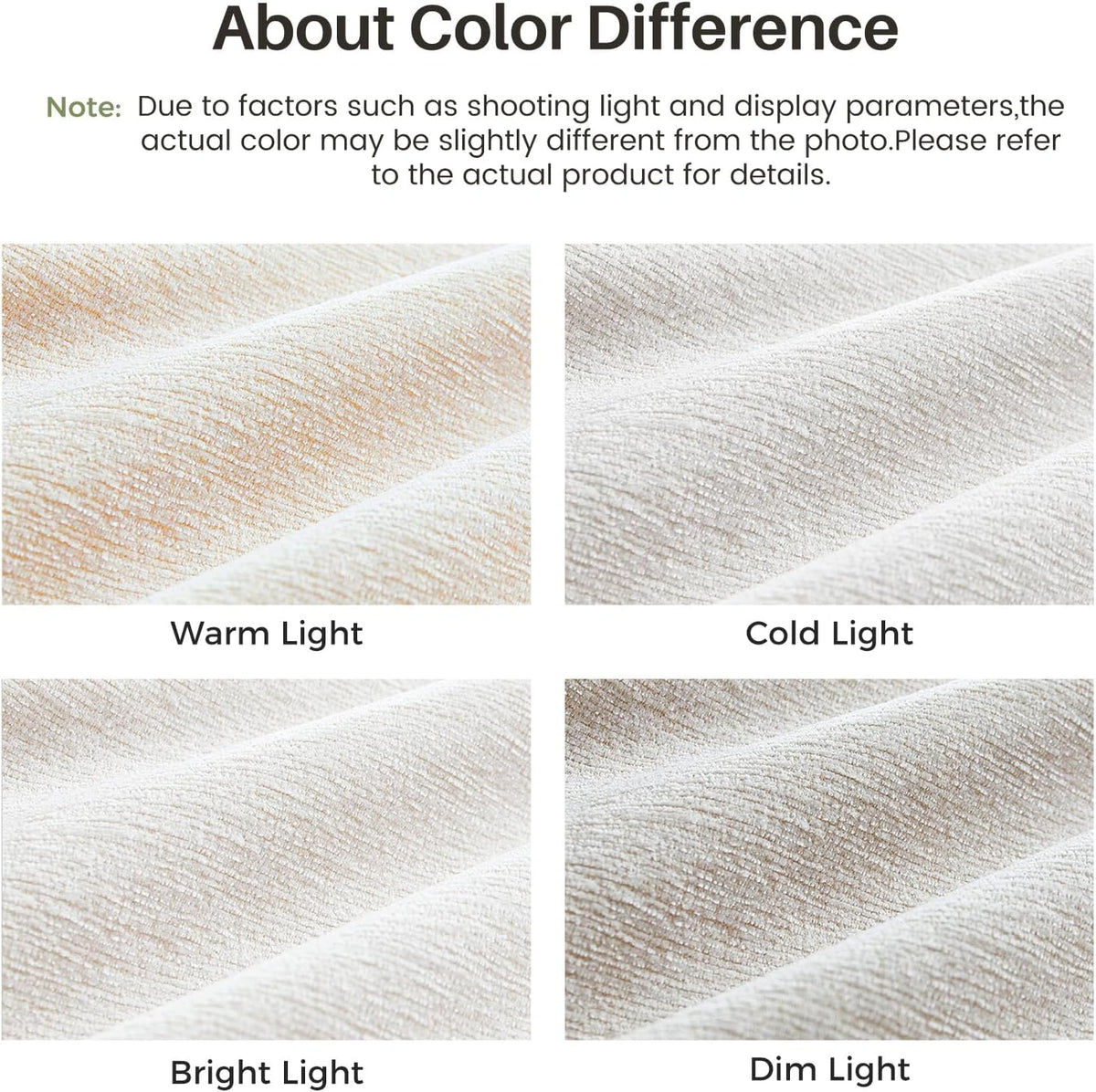 Four close-up swatches of chenille upholstery shown under warm, cold, bright and dim lighting.