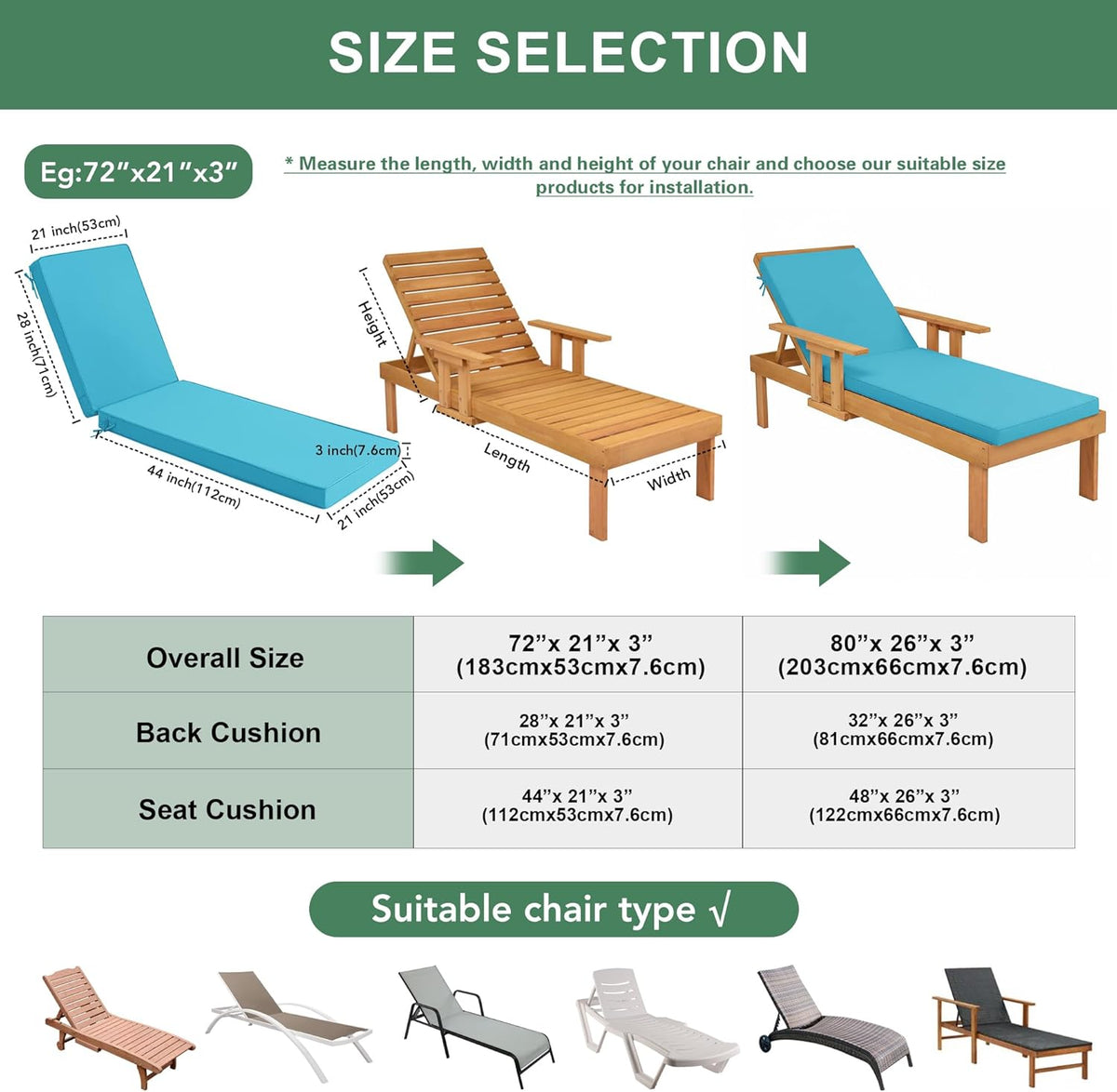 Size selection infographic showing 72x21x3 and 80x26x3 diagrams with suitable chair types