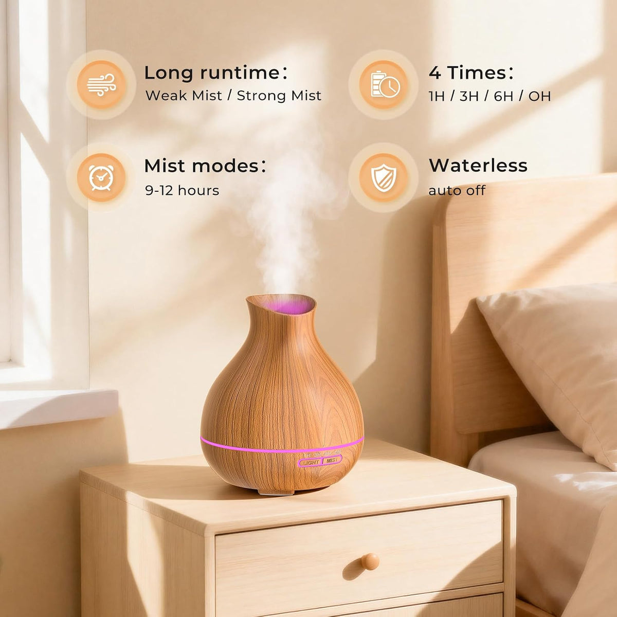 Diffuser on a bedside table emitting mist and showing a soft purple LED in a sunlit bedroom.